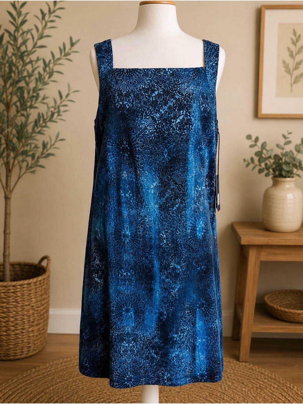 DKNYC Blue Printed Square-Neck Midi Dress